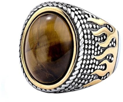 Joievievie Siegelring, Tigerauge, Naturstein, oval, Flamme, goldfarben, silberfarben, Vintage-Schmuck für Herren, Edelstahl