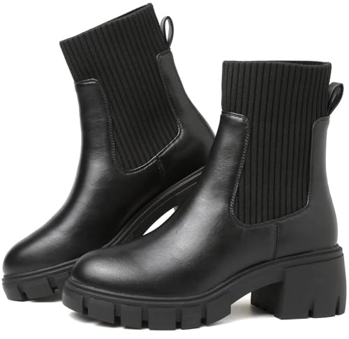Stivali da donna Chelsea stivali da donna alla caviglia da donna con plateau da passeggio impermeabili tacco grosso suola antiscivolo, Poliuretano nero, 40.5 EU