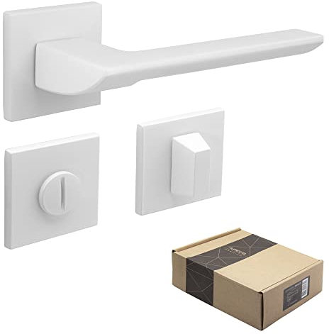 APECS Tirador de puerta interior moderno para puerta de casa y puerta interior con rosetas cuadradas, color blanco mate, juego de manillas con material de fijación, herrajes para puerta de baño