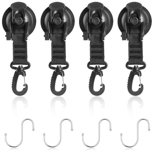 Heavy Duty Suction Cup Anchor, 4PCS Car Side Awning Suction Cup with 360°rotating D Rings and 4PCS S Hooks, Multipurpose Camping Sucker Cups Hooks, Awning Suction Cups for Car Boat Home Camping