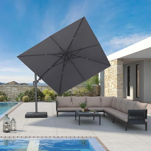 PURPLE LEAF 2.7 X 3.65 M Garden Cantilever Parasol, Swivel Rectangle Patio Umbrella with 3-Year Fade Resistance Recycled Fabric, with Crank Handle and Tilt for Balcony and Outdoor, Dark Grey