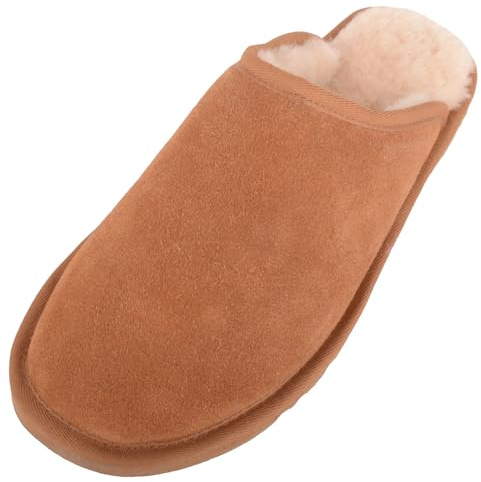 ABSOLUTE FOOTWEAR Mens Sheepskin Lined Open Back Suede Mule Slipper, EVA Sole