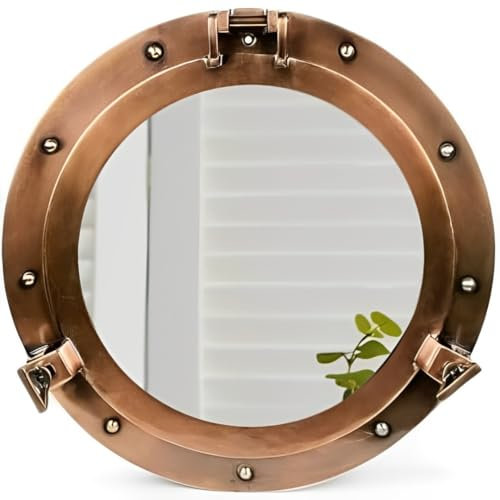Home Dress Antique Porthole Mirrors & Window - Vintage Aluminium Ships Porthole Mirror | Decorative Wall Mounted Bathroom Window (Lite Copper, Mirror, 17 inch)