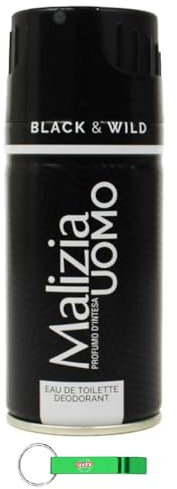 12x Malizia Uomo Black & Wild Eau De Toilette Deodorante EDT - Deodorant Deo Spray 150ml + Beni Culinari Kostenloser Schlüsselanhänger