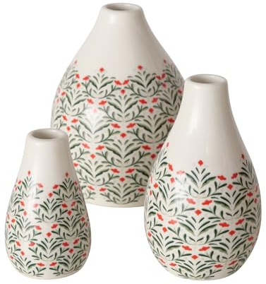 BOLTZE Vase Paris (3 TLG., Farbe Grün/Weiß, aus Porzellan, Florales Design, Höhe 12 cm, Ø 9 cm, Rund, Handgearbeitet, Wasserfest, Blumenvase, Dekoration) 2060511
