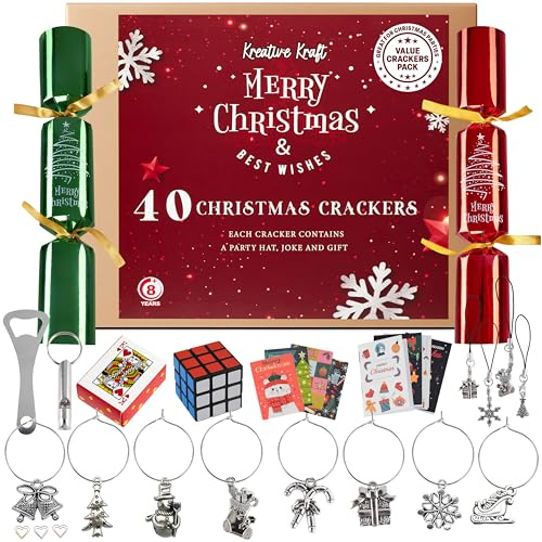 KreativeKraft Weihnachts Knallbonbons 40er-Pack, Christmas Crackers mit Hütchen Witzen Mini Geschenken, Party Zubehör und Restaurant-Catering Weihnachtsdeko (Rot Grün)