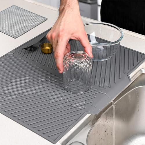 alfombrilla escurreplatos,escurreplatos silicona,40 x 30cm,estera de goma con estructura acanalada e inclinada para un ptimo drenaje del agua,Accesorios para escurridor de platos,Gris