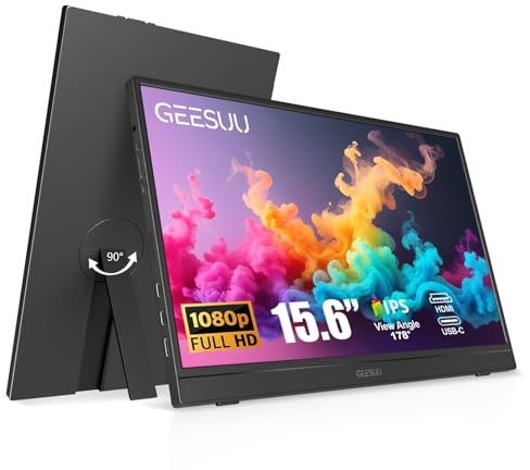 GEESUU Monitor Portatile 15,6 Pollici FHD 1080p IPS, 60Hz, Monitor con Altoparlanti Integrati, Estensore Schermo con Supporto Girevole 90°, HDMI/USB-C per Laptop, PC, Mac, Xbox