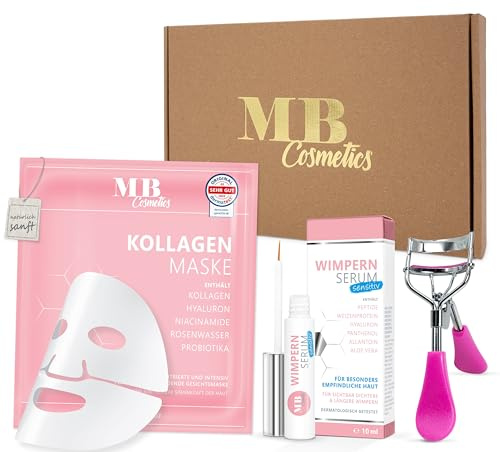 MB Cosmetics Geschenkset für Frauen 3-teilig – Beauty Set mit Wimpernserum vegan, Kollagen Hydrogelmaske & Wimpernzange in Geschenkbox – Wellness Geschenk für Geburtstag Freundin Frau Schwester