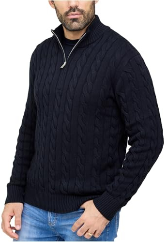 SPIRIT OF ESSEX Mens Quarter Zip Cotton Jumper – Soft Cable Knitted Pullover Sweater, Classic Casual Knitwear for Autumn & Winter