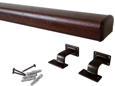 Corrimano per scale in legno sagomato, colore noce scuro, Kit compreso di supporto e terminale bronzato, varie misure (Noce scuro+bronzato 2mt)