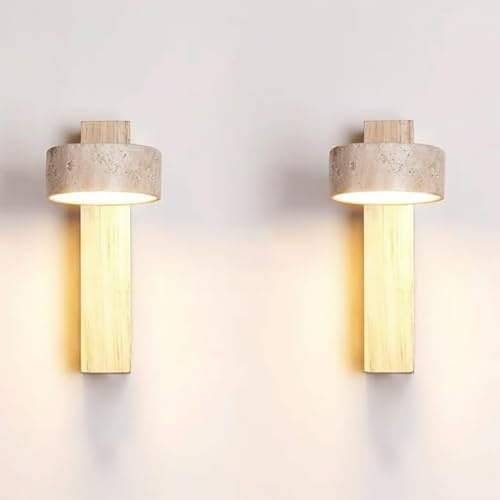 COSRUB Japanische Stein Wandlampe, 180° Drehbare Holz Wandleuchte Minimalistische Wandlebeleuchtung aus Gelbem Travertin für Schlafzimmer Schreibtisch(Wood,2 Pack)