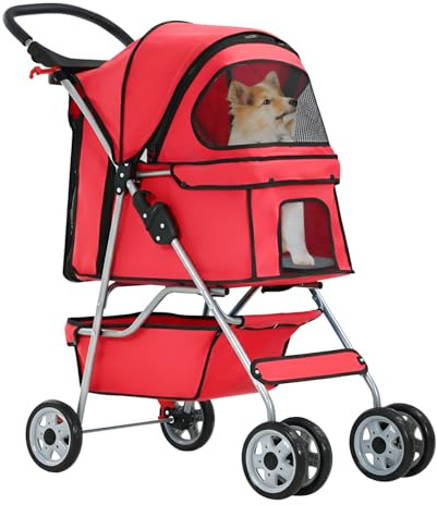 FDW Hundewagen, Faltbar Hundebuggy, Katzenwagen mit 2 360°Drehrädern, Inkl. Aufbewahrungskorb,Kissen&Netzfenstern Getränkehalter 4 Räder, bis 15 kg, Klappbar Haustierbuggy Jogger Buggy, Rot