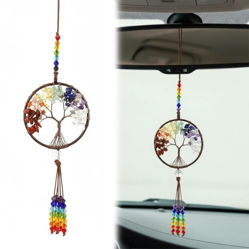 TEOZBLU Arbre de Vie Pendentif, Suspension pour Rétroviseur Intérieur, Accessoire Voiture Interieur Decoration, Pierres 7 Chakras, Cristaux de Guérison, Reiki, Porte-Bonheur, Méditation
