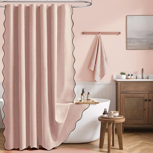 BTTN Duschvorhang 184x200 cm Leinenoptik mit Wellenkante, Rosa/Blassrosa | 12 Plastikhaken, Rückseitig Laminiert Wasserdicht, Leinenoptik Boho Chic, Anti-Schimmel, Beschwerter Saum, Maschinenwaschbar