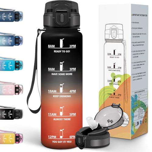 Motswedi Trinkflasche 1l, Wasserflasche, mit Strohhalm, Trinkflasche Sport, Flasche, Auslaufsicheres, mit Zeitstempel, Flasche, Sportflasche, für Sport, Uni, Büro & Outdoor, Fahrrad - Schwarz&Rot