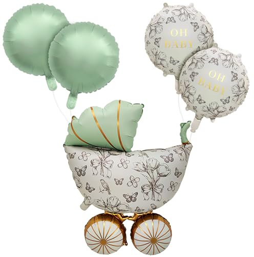 5 Stück Babyparty Deko Mädchen Junge, Hello Baby Grün Ballon, Oh BabyDeko | Welcome Baby Helium Balloon, BabyGirl Boy Luftballon für Geschlecht Offenbarung Party, Kinderzimmer Party Deko