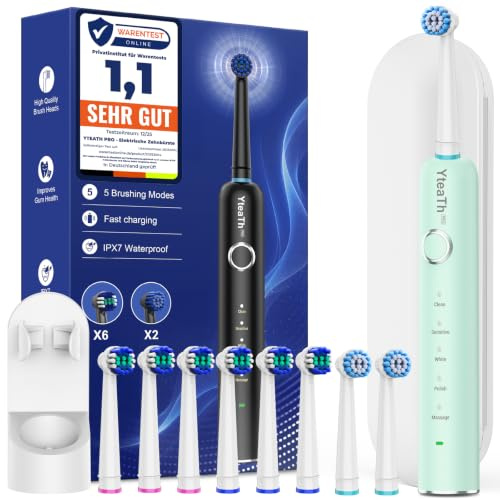 Rotierend Elektrische Zahnbürsten für Erwachsene und Kinder mit 8 Aufsteckbürste, Electric Toothbrush mit Wandhalterung Ladestation, 5 Putzmodi und Reiseetui, 60 Tage Akkulaufzeit (Grün)
