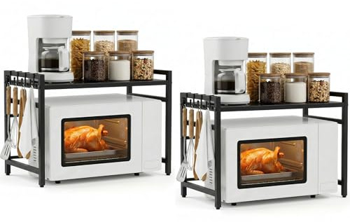 ALANNG Mikrowellen Regal, 2 Stufig Mikrowellenregal Küche Arbeitsplatte, Küchenregal Stehend für Backofen/Kaffeemaschine, Stabile Microwave Stand mit 6 Haken (Schwarz, 2Packung)