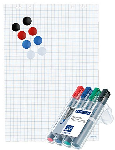 Herlitz Flipchartblock, 68x99cm (kariert/gelocht), 15 Blöcke, 8 Magnete & 3 Flipchartmarker Sets á 4 Stk.