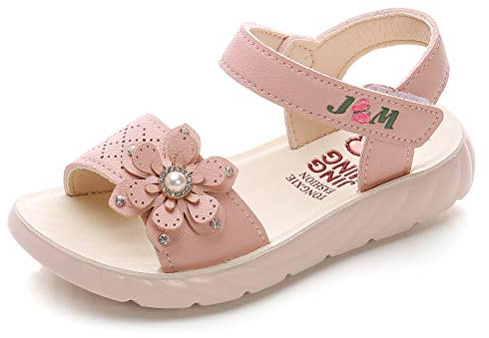 Sandal flicksandaler, sommar, läder, blommor för småbarn, flickor, Ljusrosa 3, 32 EU