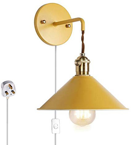 FSLiving Wall Sconce Lamps Lighting Fixture with on Off Switch and Practical Plug,Yellow Macaron Wall lamp E27 Edison Copper lamp Holder with Frosted Paint Body Bedside lamp Bathroom Vanity Lights