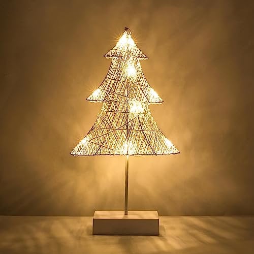 Lewondr Tischlampe, Baumform Nachttischlampe LED Weihnachtsdeko Innen, Batteriebetrieb Mini Weihnachtsbaum mit Beleuchtung Metall Schreibtischlampe Tischdeko Weihnachtsbaumschmuck Zuhause, Warmweiß