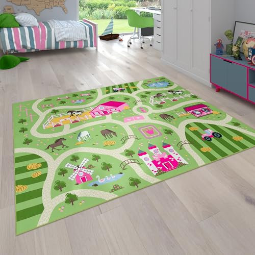 Paco Home Kinder-Teppich Für Kinderzimmer, Spiel-Teppich Mit Landschaft und Pferden rutschfest In Grün, Grösse:200 cm Quadrat