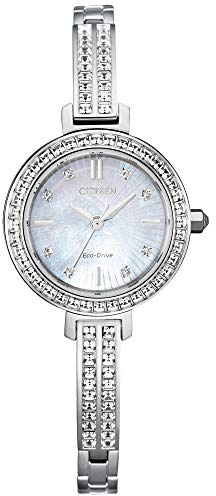 Citizen Women's Eco-Drive Dress Classic Crystal Bangle Watch, Silver-Tone Stainless Steel, Mother of Pearl Dial, 25mm (Model: EM0860-51D)