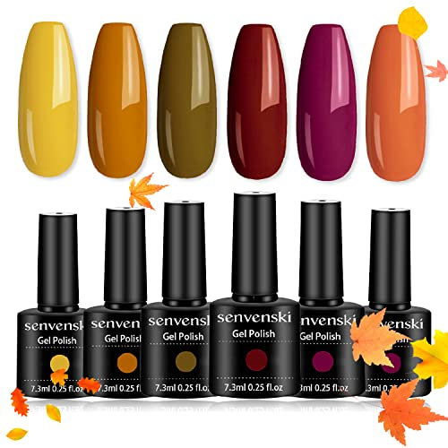 Senvenski Fall Gel Nail Polish Kit - UV/LED Nail Art Set with Yellow Orange Olive Red Burgundy Rose Peach Coral Pumpkin Colours | Manicure Gift Kit for Women, Professional Salon Home Use(CS6-030)
