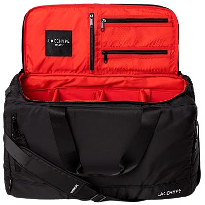 LaceHype Premium Sneaker Tasche Seesack Gym Trainingstasche Reisetasche Basketballtasche Fußballtasche mit 3 verstellbaren Fächereinteilungen, schwarz/red, L