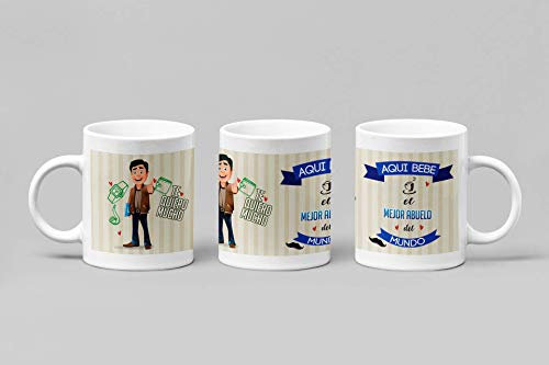 Taza Desayuno Personalizada para Abuelos Regalo día del padre.-Aquí Bebe el Mejor Abuelo del Mundo.- Regalo original para hombres con frase.350 ml. (Abuelo Moreno)