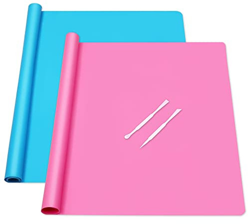 SOSMAR Large Silicone Worktop Mats 50 x 40cm, 2 Pcs Non-Slip Silicone Sheet for Resin Art, Craft Painting, Baking | Heatproof Mat | Blue & Pink