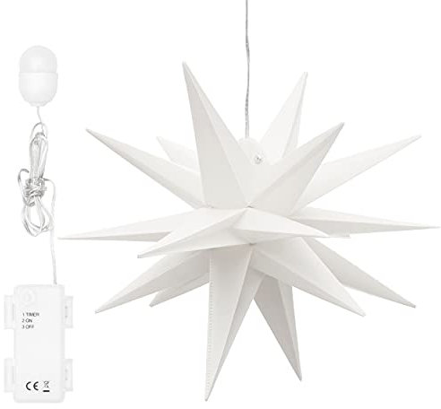 Bonetti 3D Leuchtstern inkl. warm-weißer LED Beleuchtung | für Innen und Außen geeignet | hängend | 100 cm Zuleitung (weiß, ca. Ø 25 cm (batteriebetrieben))