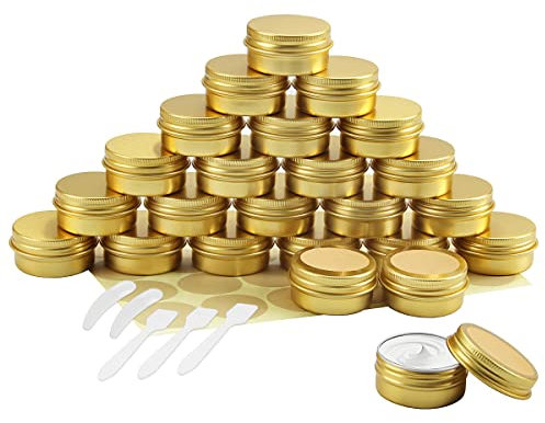 BELICOO 24 Pcs Aluminum Tin Jars, 20ml Cosmetic Container Pots with Screw Lids, Labels and Mini Spatula for Cream, Candle, Sample, Powder, Makeup Storage (Gold)