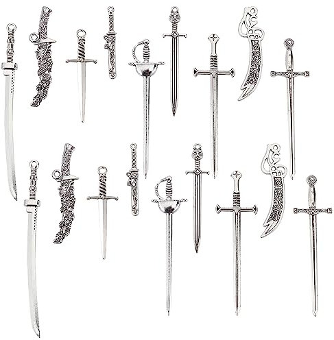SUPERFINDINGS 36pcs 9 Style Sword Series Tibetan Style Alloy Big Pendants Antique Silver Swords Knife Bookmark Charms Assorted Rapier Swords Pendants for Jewelry Making