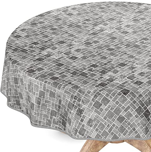 Wachstuchtischdecke Wachstuch Vinyl abwischbar Wachstischdecke Tischdecke Rund 140cm mit Saum Fliesen Anthrazit