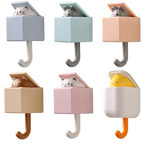 Koomuao Lot de 6 Crochets Adhésifs Animal Mignonne Patère Murale Bureau Rétractables Porte Manteau pour Enfant Porte Serviette Porte-Clés Mural Accroche Clef pour d'entrée