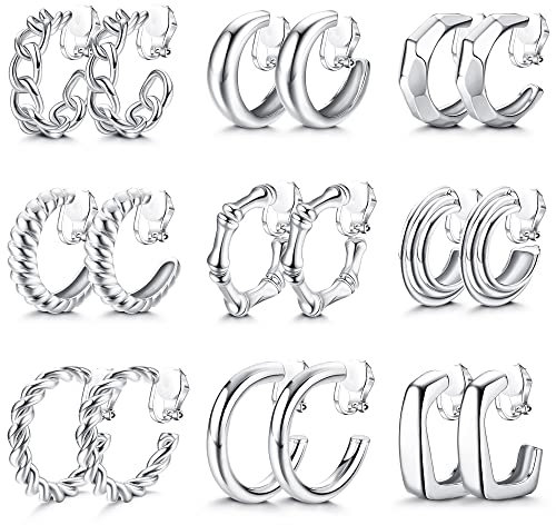 Adramata 9 Paar Clip Ohrringe für Damen Gold Silber Ohrringe Set Groß Bambus Ohrringe Clips Runde Klobige Twist Dreifach Creolen Fake Ohrringe Modische Ohrclips Damen Ohne Ohrlöcher Non Piercing
