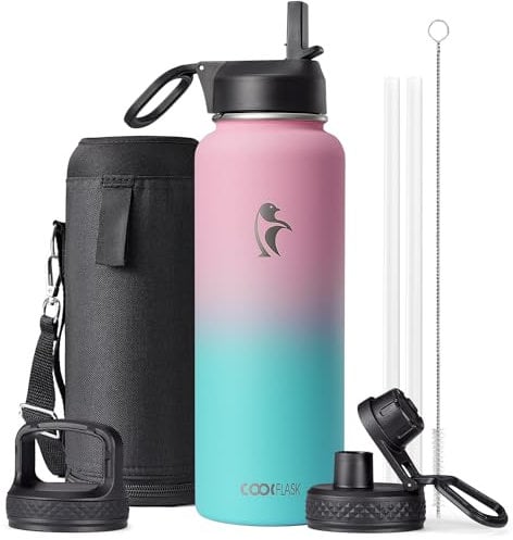 40 oz Insulated Water Bottle with Straw&3 Lids, Coolflask Stainless Steel Metal Flask Wide Mouth for Sports or Office, BPA-Free Keep Cold Up to 48 Hrs or Hot Up to 24 Hrs, Bubblegum Princess