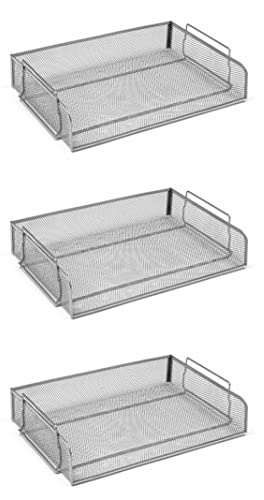OSCO Wiremesh Stackable Letter Tray Landscape, Scratch-Resistant Metal Desk File Organiser for A4 & Foolscap Paper, Side-Load Design, High-Density, 3 Pack, Silver