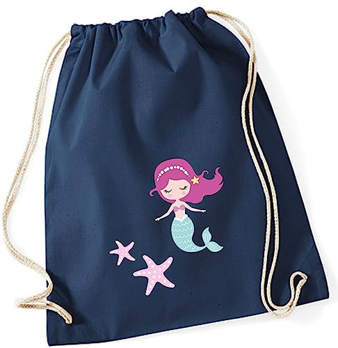 minimutz Turnbeutel Meerjungfrau für Mädchen | Stoffbeutel Baumwolle Unterwasserwelt Seestern | Sportbeutel zum Zuziehen mit Kordel 37cm x 46cm (dunkelblau)