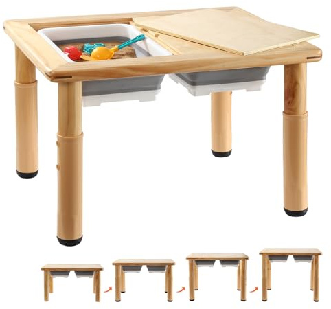 FUNLIO Sensorischer Tisch aus Holz mit 2 Behältern für Kleinkinder von 1–5, 4-stufig höhenverstellbar, Kinder-Aktivitätstisch mit Anti-Warping-Sperrholzdeckel, Indoor/Outdoor Spielsand und Wassertisch