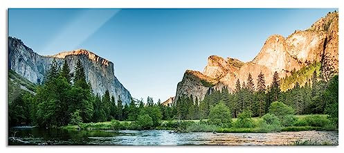 Pixxprint Glasbild Panorama, Wandbild aus Echtglas, Fluss in den Bergen, 100x40 cm, inkl. Aufhängung und Abstandshalter
