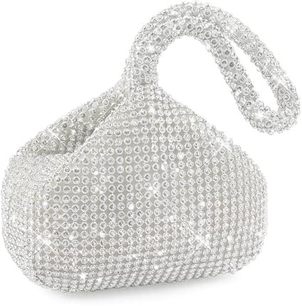 BELICOO Rhinestone Evening Bag, Women Sparkly Clutch Bag Bling Evening Aluminum Beaded Handbags for Prom Wedding Party Engagement (Silver Rhinestone)
