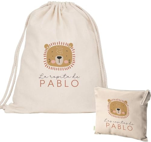 Evyre Pack Bolsa + Neceser Personalizado guardería Escuela Infantil Mochila con el Nombre Regalo Original Saco ropita Preescolar 100% algodón merienda organizadora