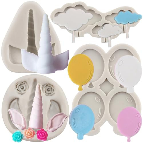 MYPRACS Set di 4 stampi in silicone a forma di unicorno, palloncini e nuvole, per decorare torte, pasta di gomma, cupcake, caramelle, cioccolato, argilla polimerica