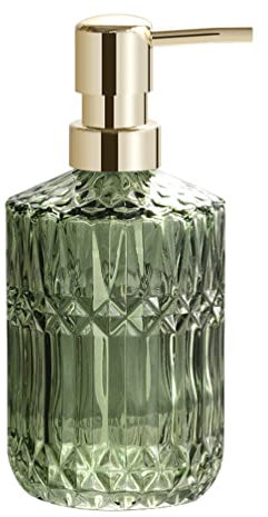 Dispensador de jabón de vidrio verde de 1 pieza con bomba, 400 ml / 14 oz Dispensador de jabón de mano recargable for baño Cocina Encimera, Dispensadores de loción de vidrio con diseño de diamante tra