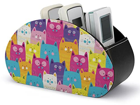 FWJZDSP Funny Cute Cats Colorful TV Remote Control Holder with 5 Compartments, Cute PU Leather Remote Caddy Box Tray Desktop Organizer Pen Holder Storage for Bedside Table Desk Decor