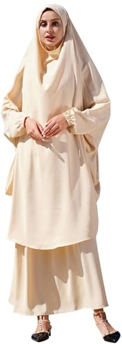 Odizli Abaya Muslim Damen Gebetskleidung für Frauen Langarm Hijab Lang Top + Maxi Rock Ramadan Outfit Islamische Muslimische Robe Kaftan Jilbab Khimar Burka Lang Gebetskleid Aprikose Einheitsgröße
